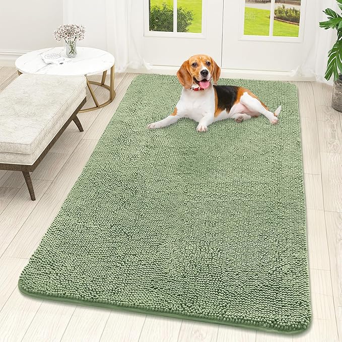 OLANLY Dog Door Mat for Muddy Paws 59x32, Absorbs Moisture and Dirt, Absorbent Non-Slip Washable Doormat, Quick Dry Chenille Mud Mat for Dogs, Entry Indoor Entryway Carpet for Inside Floor, Sage Green
