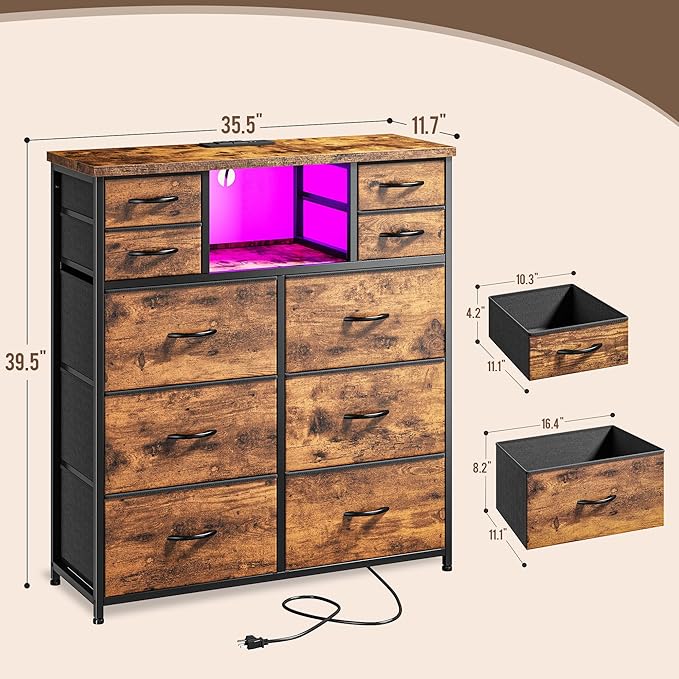 Dresser for Bedroom with 10 Drawers Featuring LED Light and Power Outlet, Fabric Dressers & Chest of Drawers with Open Shelves for Hallway, Living Room, Steel Frame,Wood Top, Rustic Brown
