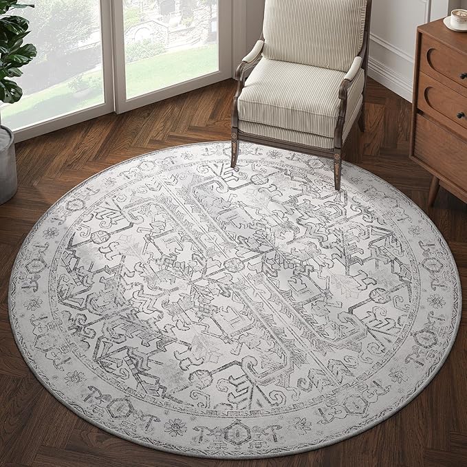 jinchan Lima Round Rug 6ft Vintage Machine Washable Area Rug Indoor Circle 6' Ultra-Thin Non-Slip Floral Print Carpet for Farmhouse Entryway Dining Room Living Room Bedroom Office (6'Round, Grey)