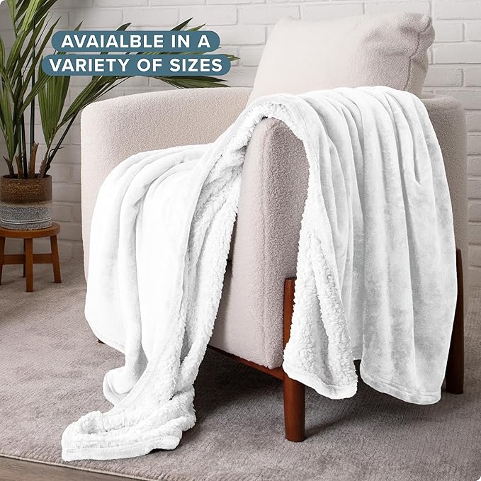 Bare Home Sherpa Fleece Blanket - King Size - Blanket for Bed, Sofa, and Couch - Warm & Lightweight - Fluffy & Soft - Reversible (King, White)