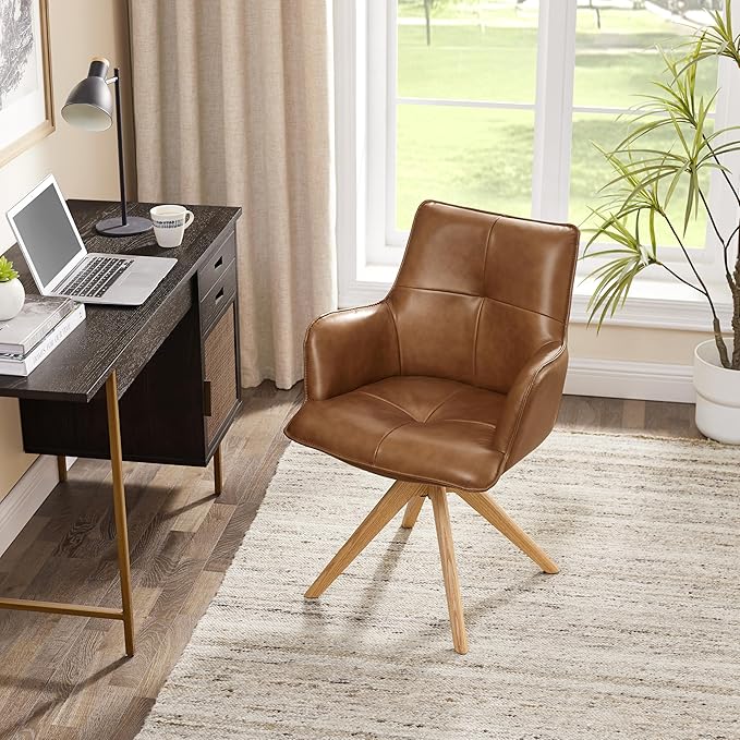 Art Leon Mid Century Swivel Chair - Genuine Leather Upholstered Desk Chair No Wheels, Accent Armchair with Oak Wood Legs for Small Space Living Room Bedroom, Set of 2, Brown