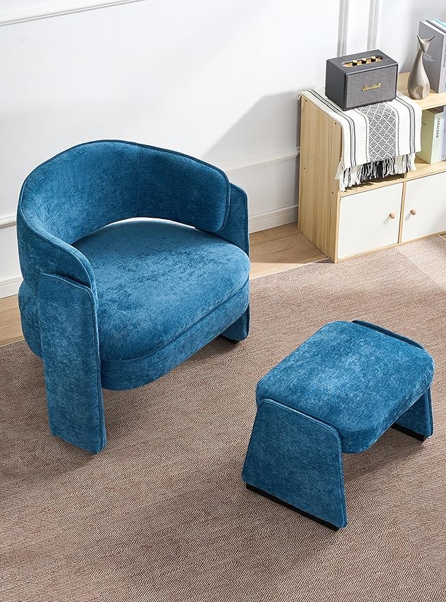 LOULENS Accent Chair with Ottoman, Oversized Barrel Chair, Modern Upholstered Comfy Armchair for Living Room, Bedroom, Reading Room & Corner, Blue