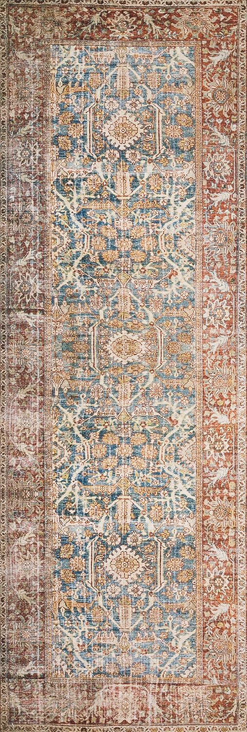 Loloi Layla Collection LAY-04 Ocean/Rust 2'-6" x 9'-6" .13" Thick Runner Rug, Soft, Durable, Vintage Inspired, Distressed, Low Pile, Non-Shedding, Easy Clean, Printed, Living Room Rug