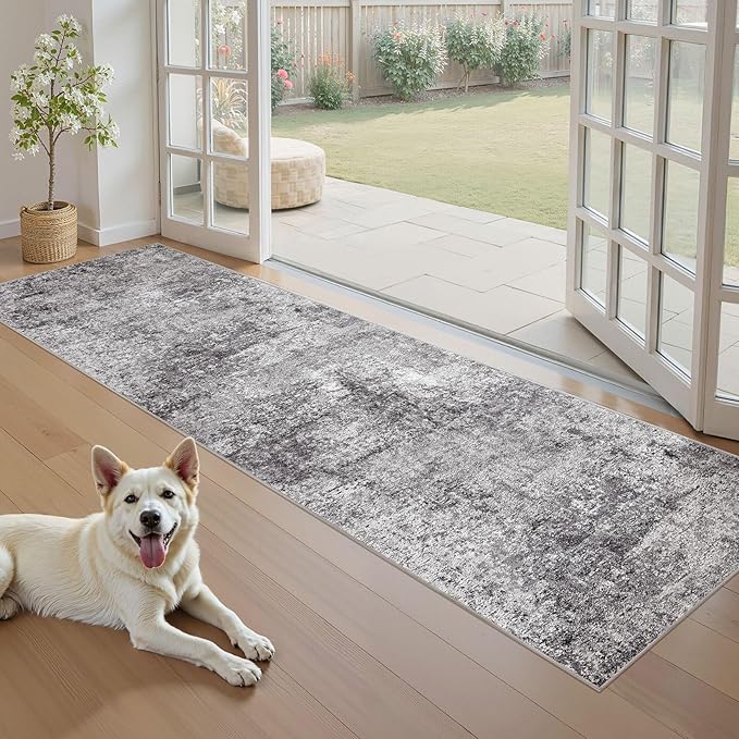 Washable Runner Rug for Hallway: 2.6x8 Neutral Modern Abstract Low Pile Area Rug with Non-Slip Backing - Carpet for Bedroom Kitchen Laundry Entryway Bathroom Indoor - Grey