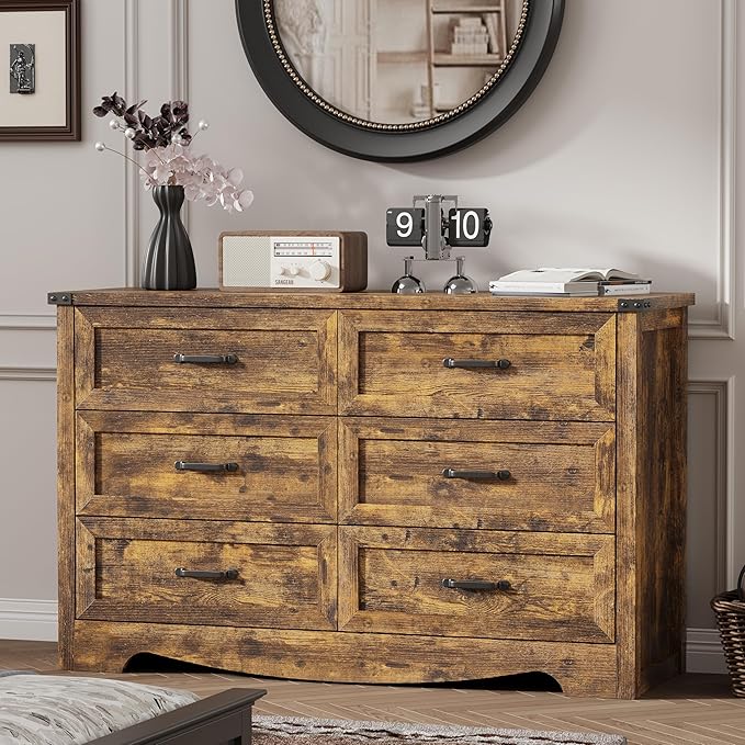 Dresser for Bedroom with 6 Drawers, 48" Wide Wood Chest of Drawers with Deep Drawers & Mental Handle, Wooden Dresser TV Stand, Modern Closet Storage Organizer for Living Room, Hallway, Entryway, Brown