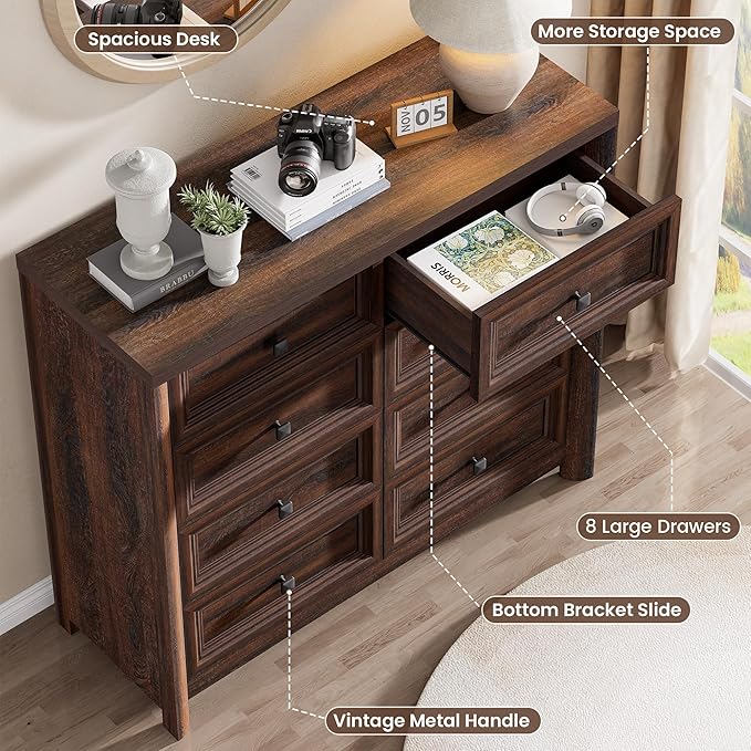 Farmhouse 8 Drawer Dresser for Bedroom, 41" Tall Wood Chest of Drawers, 43.3" Wide Dresser TV Stand, Storage Closet Drawer Organizer for Bedroom, Walnut