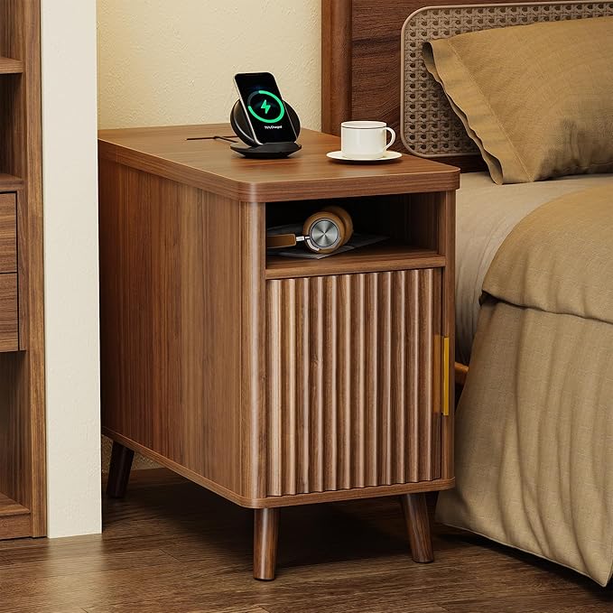 Huuger Narrow End Table with Charging Station, USB-C Port, Fluted Nightstand with Storage Cabinet, Back Rack, Farmhouse Side Table for Small Spaces, 13.4 × 23.6 Inch Night Stand, Walnut
