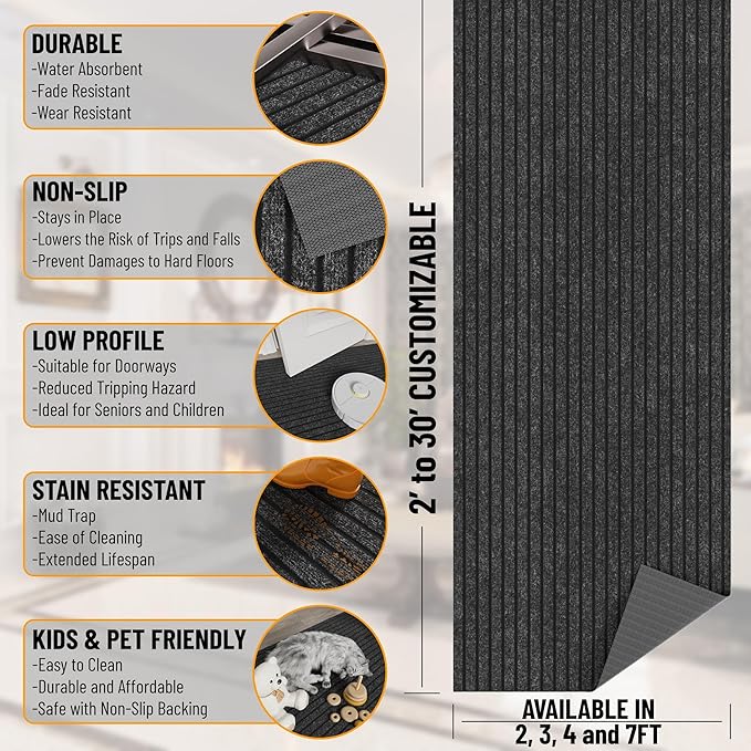 Ottomanson 2'7" x 8' Hallway Runner with Scraper Pile - Extra Durable Non-Slip Rug Mat for Indoor & Outdoor Use - Ideal for Kitchen, Entryway & Garage - High-Traffic Carpet, Black