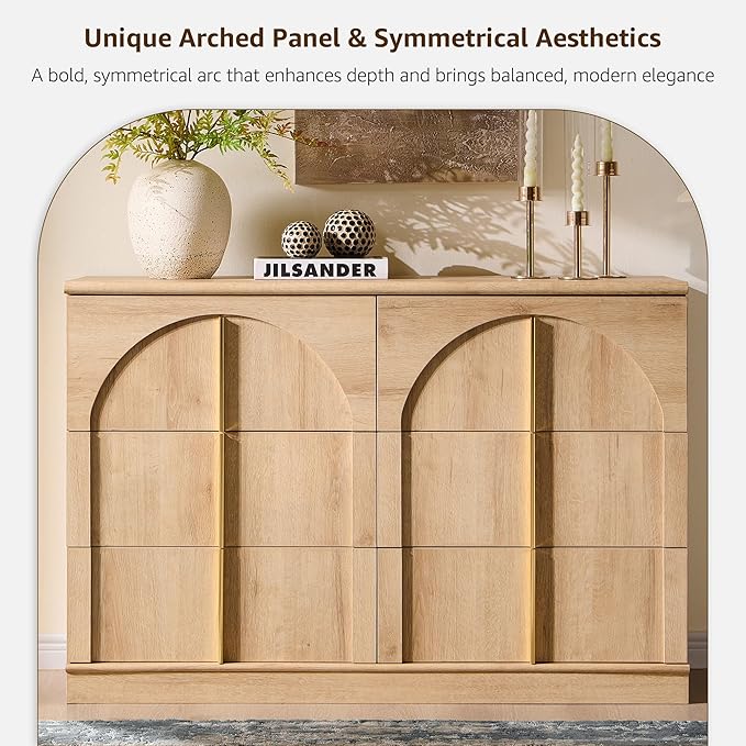 ACCOHOHO Arched Dresser for Bedroom with 6 Drawers, 47.3" Wide Modern Chest of Drawers with Rounded Edge & Metal Handles, Wood Storage Closet Dressers TV Stand for Living Room, Hallway, Natural Oak