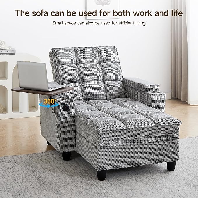 41.7" Oversized Chaise Lounge Chair Indoor, Boucle Upholstered Sofa Bed with Adjustable Backrest, Deep Seat Reading Chair, Sofas Couches for Living Room, Storage, Cup Holders & 360° Swivel Side Table | Oversized chaise, Indoor lounge chair, Convertible...