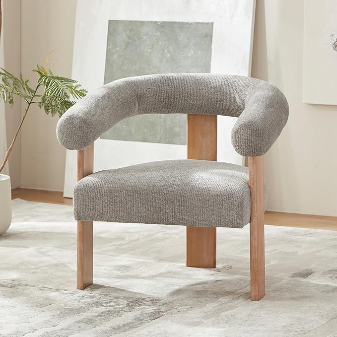 VKNOW Accent Chair Living Room Chair, Modern Upholstered Arm Chair with Solid Wood Legs, Comfy Barrel Accent Chair for Living Room, Bedroom, Grey