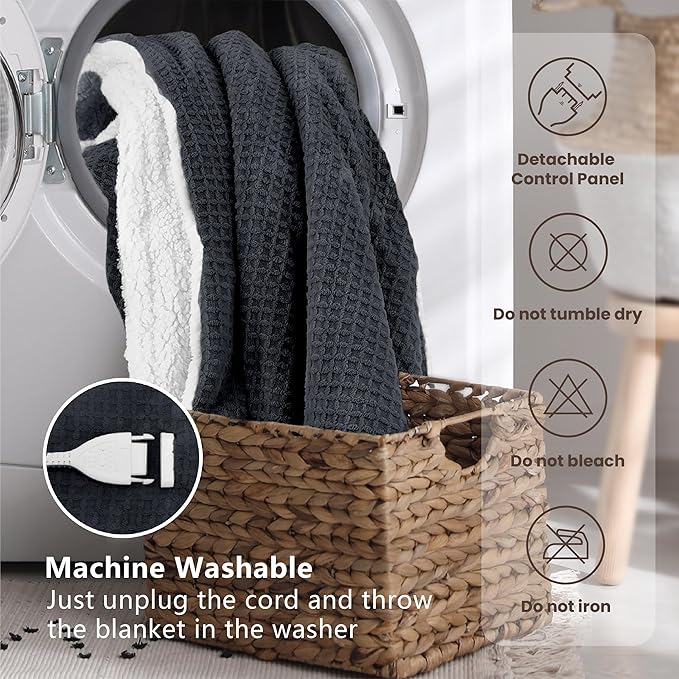 Heated Blanket Electric Throw Waffle, 50x60 Inches Sherpa Fleece Fast Heating Blanket 6 Heating Levels & 4 Hours Auto Off ETL Certification,Charcoal Grey Throw