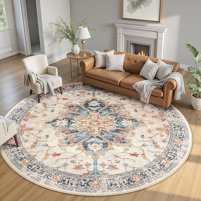8ft Round Rug, Area Rugs 8ft, Washable Rug, Non-Slip, Rugs for Living Room for Bedroom, Circle , Vintage Rugs Boho Floral Medallion, Low Pile, Soft, Beige Dark Blue Navy Red