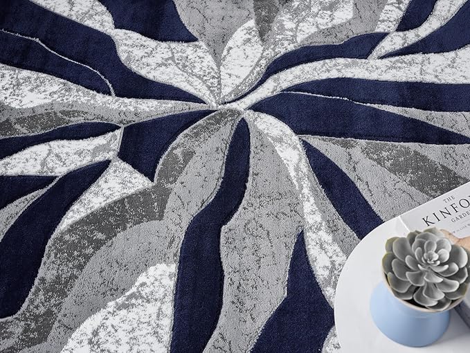 Modern Abstract Area Rug Hand Carved Contemporary Geometric Vibrant Colors Carpet for Living Room Bedroom Design PR1002 (Navy, 8' x 10')
