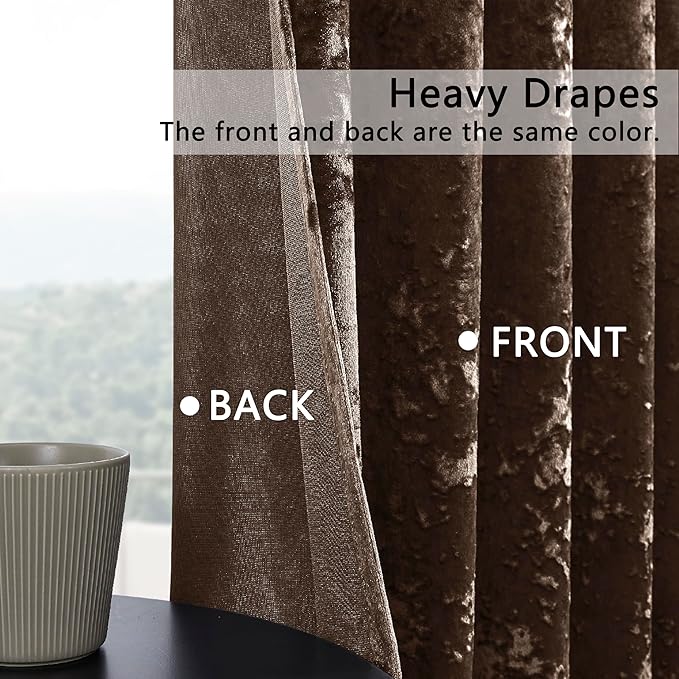 SMILETIME Chocolate Crushed Velvet Curtains 52x108inch Rod Pocket Luxurious Thermal Insulated Soundproof Drapes Soft and Durable Light-Filtering Window Treatments for Living Room Bedroom, 2 Panels