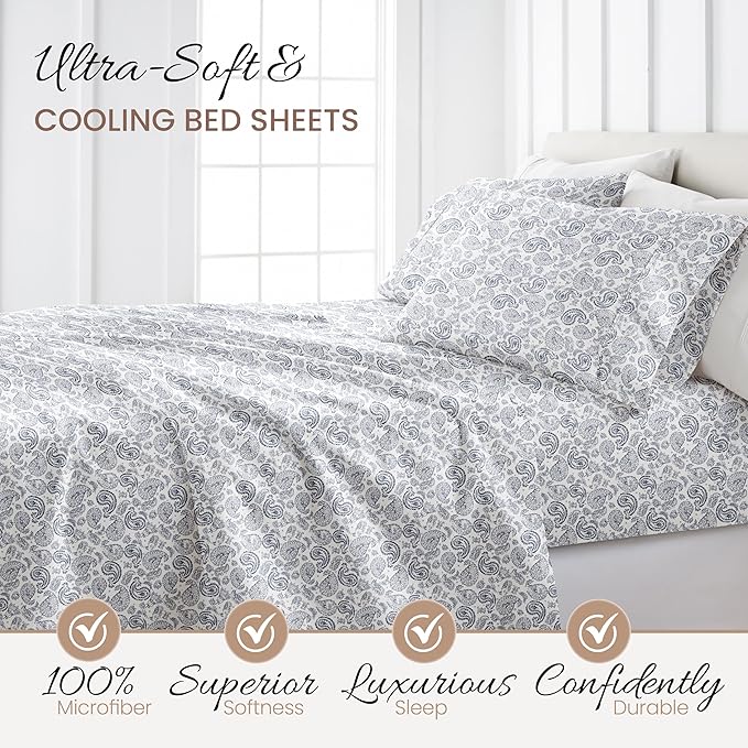 Linen Market Double-Brushed Patterned Microfiber Queen Sheet Set 4 Piece – Oeko-TEX Certified Ultra Soft & Wrinkle-Free - 16" Deep Pocket Sheets - Easy Care Queen Size - Coarse Paisley Navy