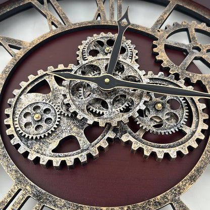 The B-Style Large Wall Clock 24 inch Moving Gear Wall Clock Oversized Vintage Farmhouse Wall Clocks for Living Room Decor Rustic Industrial Wood Clock (Cherry red and Bronze)