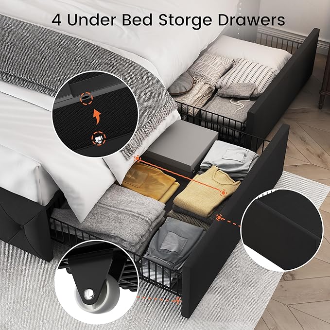 LARMACE Queen Size Bed Frame with 4 Storage Drawers and Wingback Headboard Upholstered Platform Beds Velvet Tufted Bed Frame with Wooden Slats Support, Easy Assembly, Black