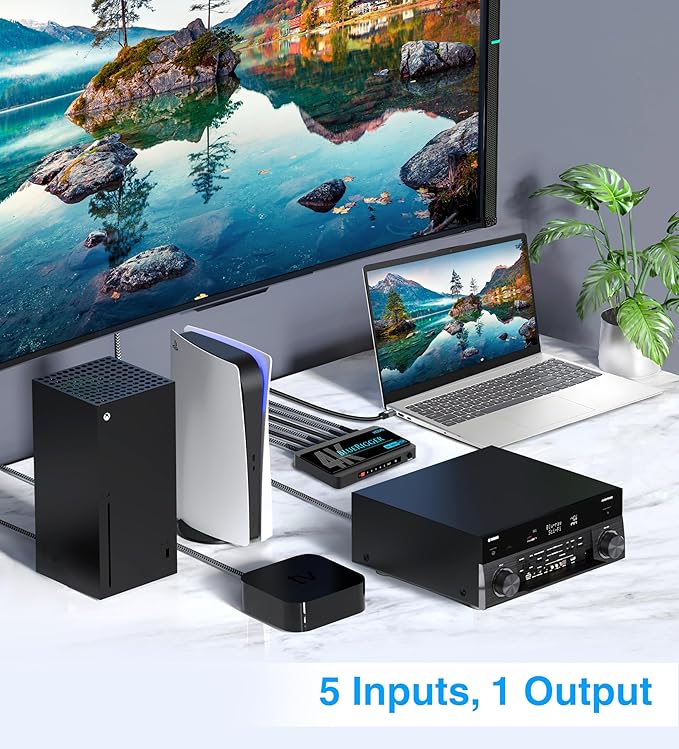 BlueRigger 4K HDMI Switch 5 in 1 Out (4K 60Hz, 5 Port Video Switcher, HDMI Hub, HDR10+, 18Gbps, Selector Box with IR Remote) – Compatible with HDTV, PS5, Xbox, Apple TV, Projector, Blu-Ray
