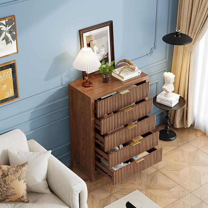 5 Drawer Dresser, 43" Tall Dresser Organizer TV Drawer Cabinet Modern Wood Storage Cabinet, Modern Wood Storage Cabinet for Bedroom, Hallway, Entryway, Walnut Oak X 2
