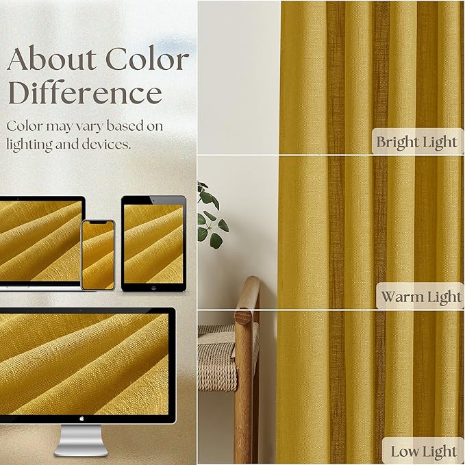 Mustard Yellow Pinch Pleated Linen Curtains 45 Inch Length 2 Panels Set for Bedroom Dining Room Kitchen Semi Sheer Linen Boho Retro Farmhouse Small Window Curtains 45 Inches Long Harvest Gold Yellow
