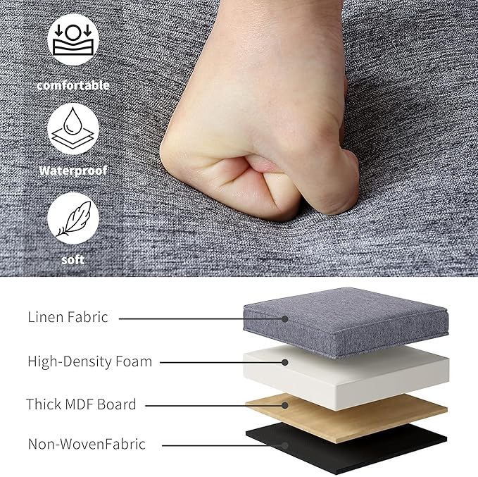 Adeco 17.5" Grey Square Storage Ottoman with Wheels, Modern Cotton Linen Foot Stool with Rollers - Movable & Convenient & Practical, Small Footstool for Living Room, Bedroom