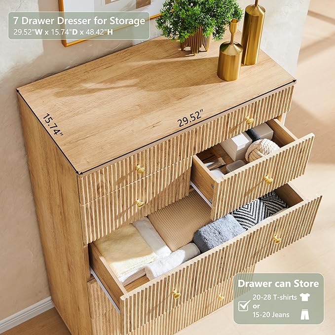 Fluted Dresser for Bedroom, 48" H 7 Drawer Dressers, Wood Tall Dresser Storage Organizer, Modern Bedroom Chest with Deep Storage for Closet Hallway, Entryway, Living Room Natural