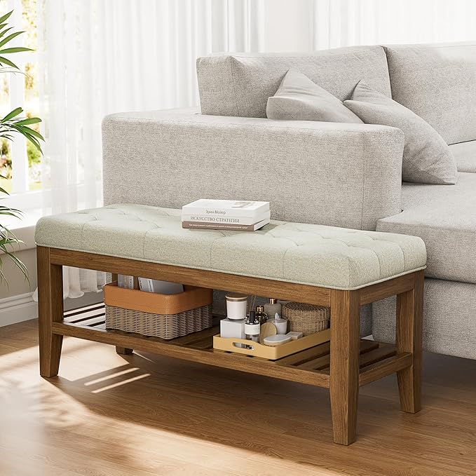 End of Bed Storage Bench, 42.9" Entryway Shoe Bench with Solid Wood Shelf, Upholstered Ottoman with Padded Seat for Bedroom, Hallway and Living Room, Beige