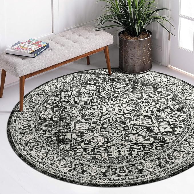 vivorug Round Rug 5ft Vintage-Inspired Round Area Rug Non-Slip Indoor Carpet for Living Room Bedroom Entryway, Stain Resistant Home Decor Circle Rug, Black and White
