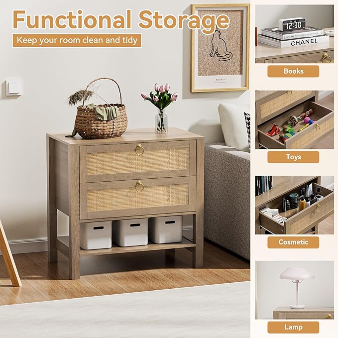Rattan Nightstand with 2 Drawers and Storage Shelf, 26” Tall Wide Night Stand, Wood Large Bedside Table with Golden Handle for Bedroom, Side Table, Carbon Cherry