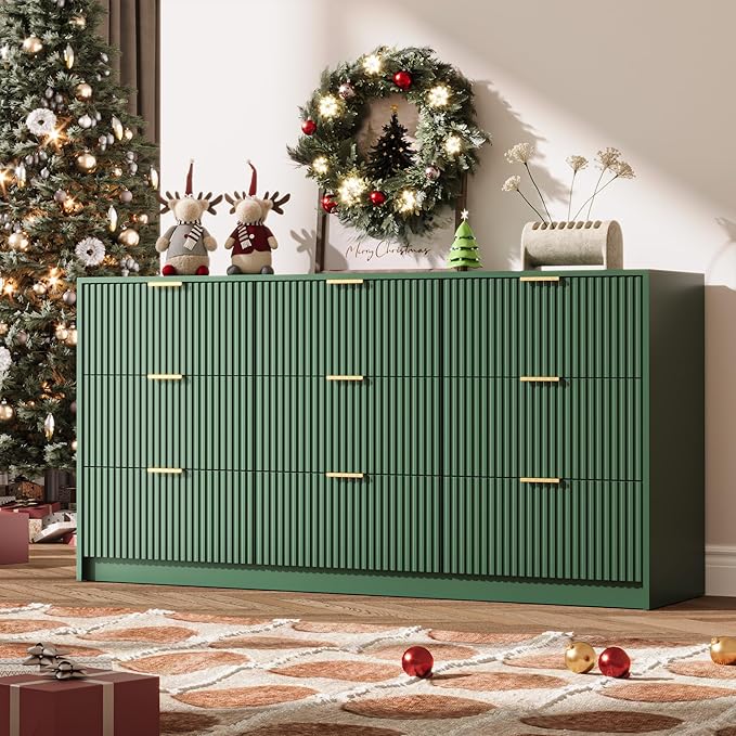 Green 9 Drawer Dresser for Bedroom, 63" Wide Modern Fluted Dresser with Gold Metal Handles, Chest of Drawers for Bedroom, Living Room, Entryway, Hallway