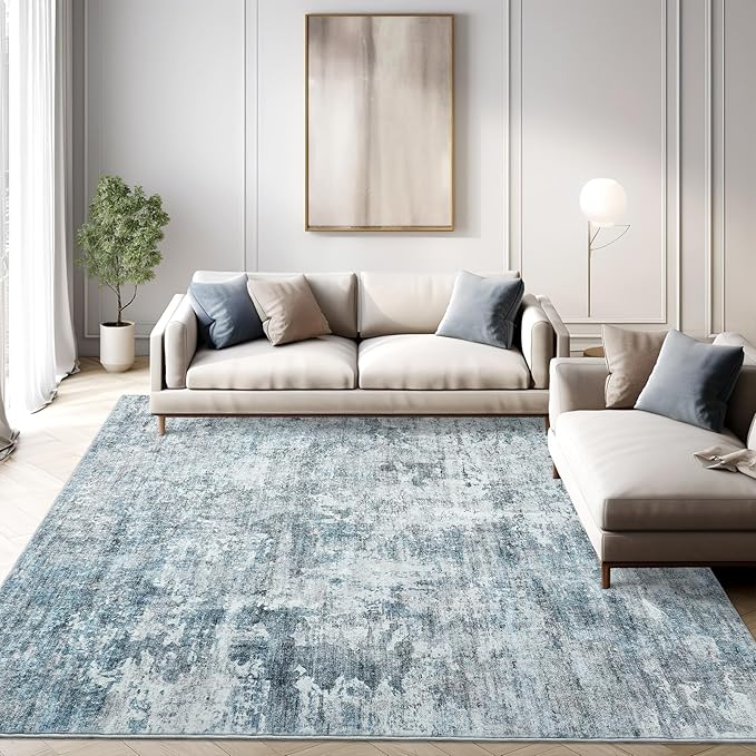 7x9 Area Rug for Living Room Washable Abstract Vintage Soft Thin Indoor Floor Non-Slip Carpet for Bedroom Dining Room Blue Grey