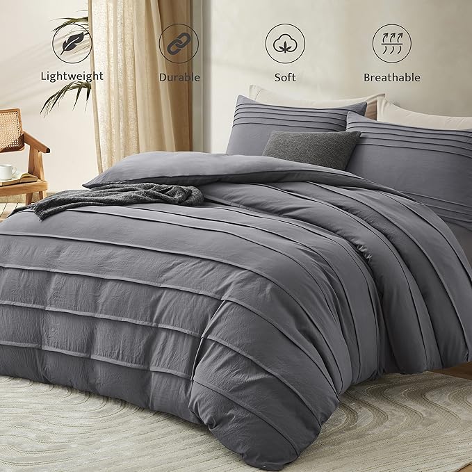 Oli Anderson Grey Duvet Cover Queen Size - Pleated Queen Duvet Cover, 3PCS Soft and Breathable Textured Bedding Set with Zipper Closure(Grey,90"x90")