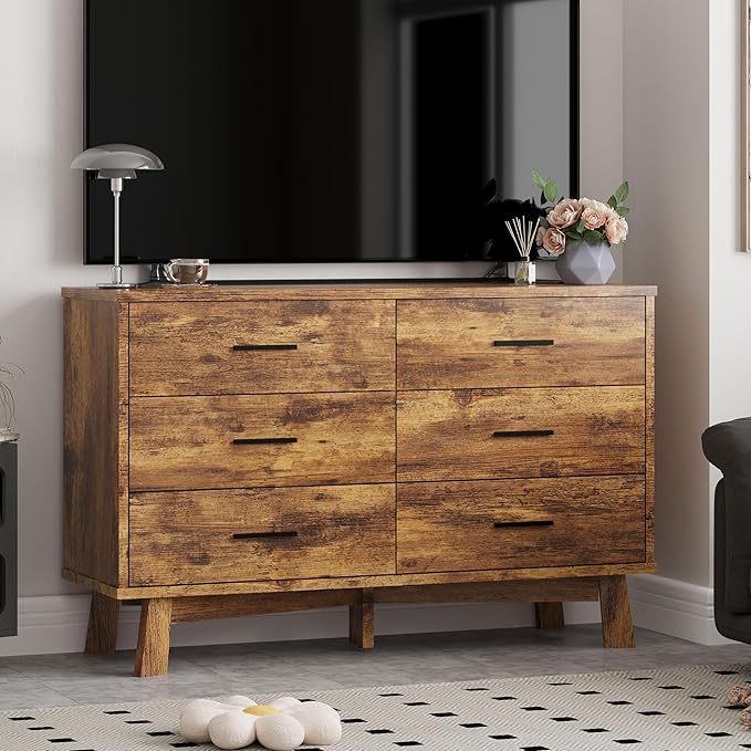 Dresser for Bedroom, 6 Drawer Wide Modern Chest of Drawers with X-Shaped Sturdy Base, Wood Double Dresser Closet Clothes Storage Organizer, Wooden TV Stand for Living Room, Hallway, Brown