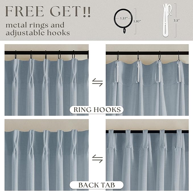 Dusty Blue Linen Pinch Pleated Curtains 108 Inches Long 2 Panels for Living Room Bedroom Light Filtering Drapes 108 Inch Length Sky Grey Blue Semi Sheer Memory Shape Trained Ceiling Floor Curtain