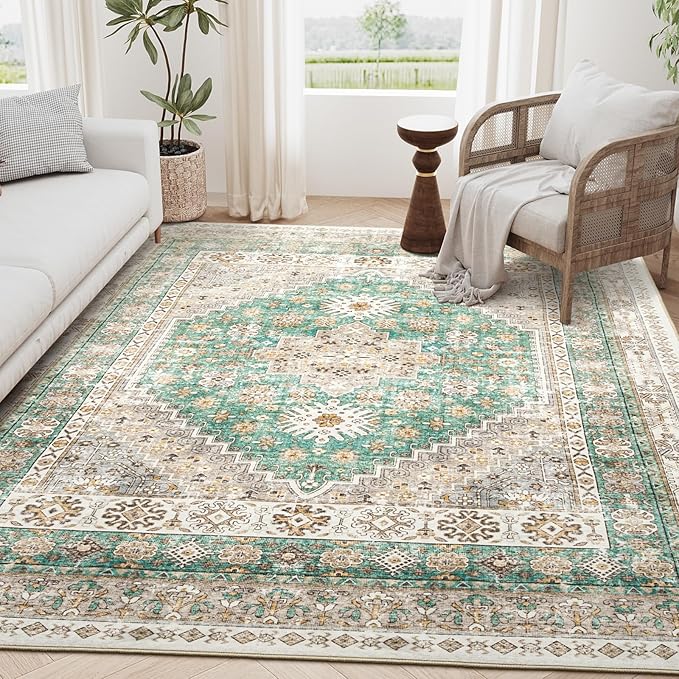 zesthome 5x7 Area Rugs - Ultra-Thin Washble Rug, Stain Resistant Anti Slip Backing Rugs for Living Room,Bedroom, Vintage Home Decor Area Rug (Green/Brown,5'x7')