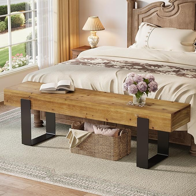 Solid Wooden Bed Bench, 63" Entryway Bench for Indoor Space, Farmhouse End of Bedroom Seat, Long Dining Seat for Dining Room, Entry, Mudroom