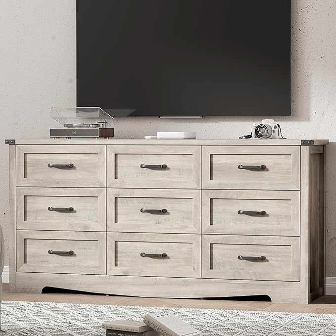 Dresser for Bedroom with 9 Drawers, 63" Wide Wood Chest of Drawers with Deep Drawers & Mental Handle, Modern Dresser TV Stand, Wooden Closet Storage Organizer for Living Room, Hallway, Entryway, Grey