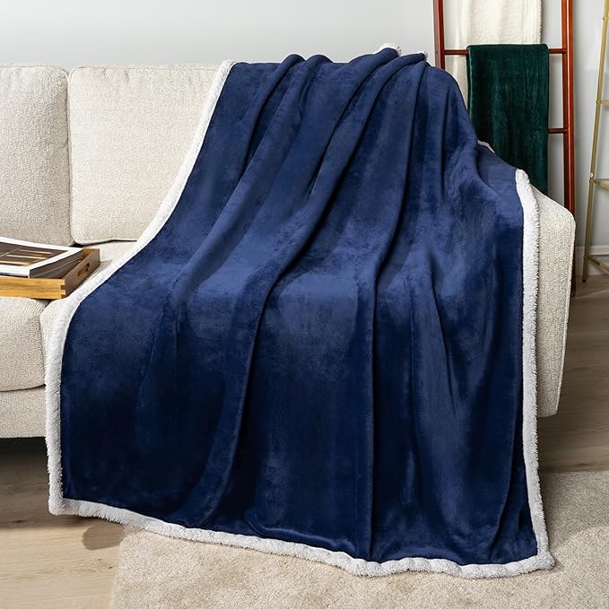 PAVILIA Sherpa Fleece Throw Blanket for Couch, Navy Blue, Plush Soft Fuzzy Sofa Blanket, Cozy Reversible Winter Throw for Women Men, 50x60 Inches