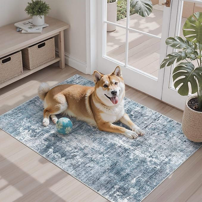 2x3 Abstract Washable Rugs for Kitchen, Floor, Entryway, Powder Room Small Area Rug Non-Slip Vintage Rug Low Pile Throw Door Mat Blue