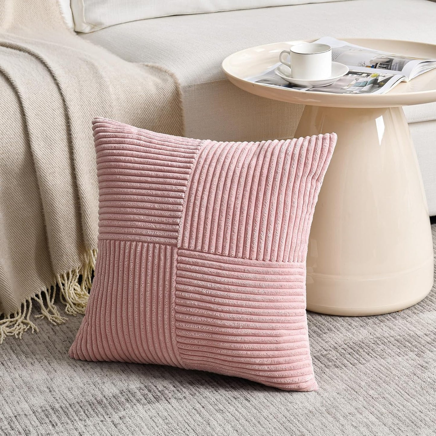 Fancy Homi 2 Packs Blush Pink Decorative Throw Pillow Covers 16x16 Inch for Living Room Couch Bed, Rustic Farmhouse Boho Home Decor, Soft Corss Patchwork Corduroy Textured Square Cushion Case 40x40 cm