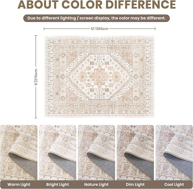 zesthome 9x12 Area Rugs for Living Room,Non-Slip Backing Washable Rugs,Vintage Large Area Rug，Stain Resistant Home Decor Rug