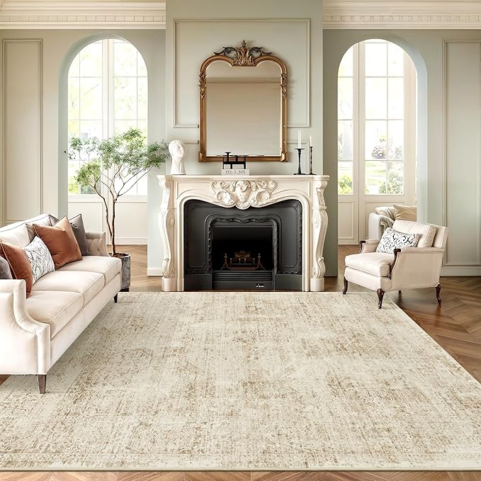 Washable Area Rug 8x10, Large Soft Rugs for Living Room Vintage 8x10 Area Rugs for Bedroom Dining Room Floral Non-Slip Thin Brown