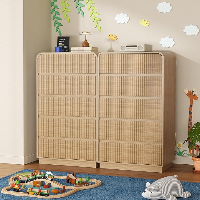Tall Dresser for Bedroom with 5 Drawers, Fluted Chest of Drawers with Round Curved Corner, Hidden Handles, Modern Wood Storage Organizer for Bedroom, Nursery, Living Room