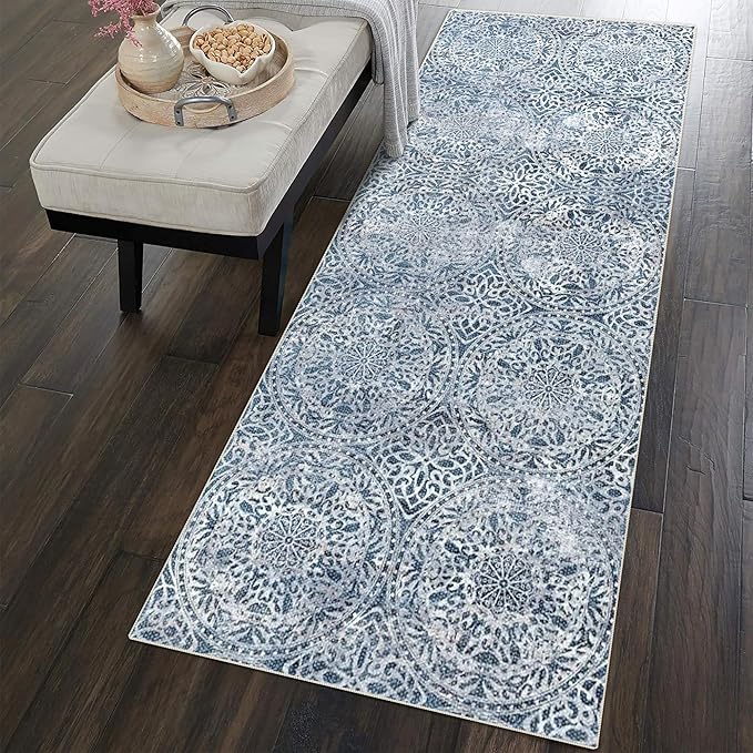 vivorug Runner Rug 2'x8' Machine Washable Non-Slip Runners for Hallways Kitchen Entryway Laundry Room Vintage Medallion Carpet Hallway Runner Blue