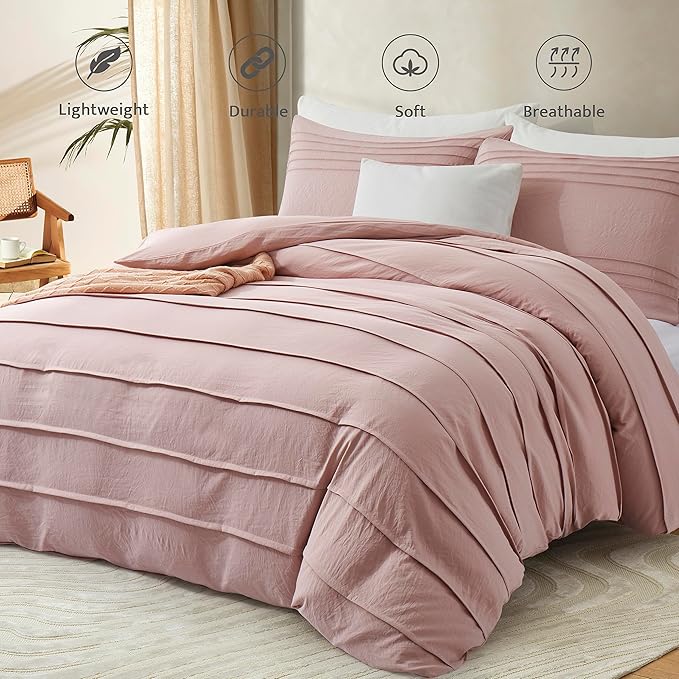 Oli Anderson Misty Rose Duvet Cover King Size - Pleated King Duvet Cover, 3PCS Soft and Breathable Textured Bedding Set with Zipper Closure(Misty Rose,104"x90")