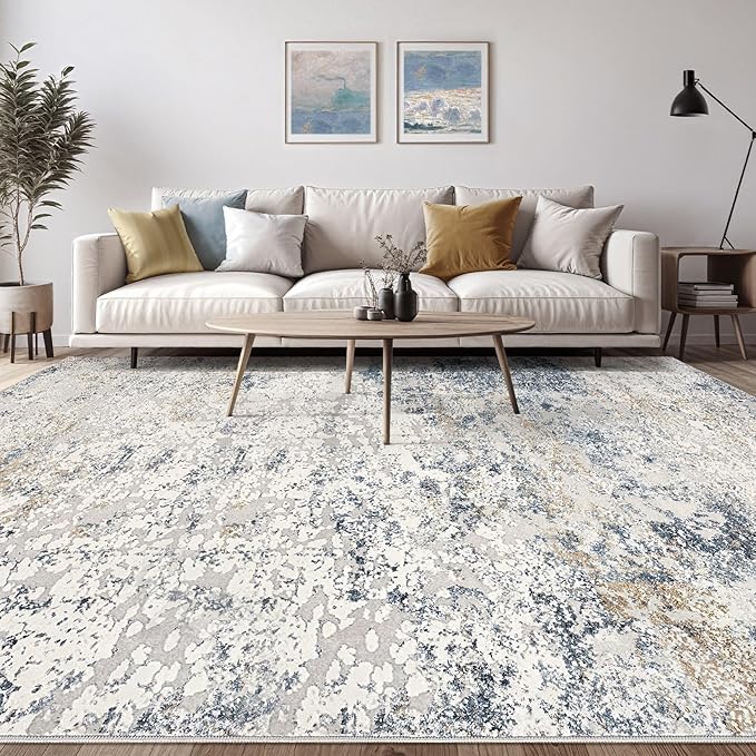 Area Rug Living Room Rugs - 12x18 Washable Large Soft Indoor Neutral Modern Abstract Low Pile Rug Carpet for Bedroom Dining Room Farmhouse Home Office - Beige Blue
