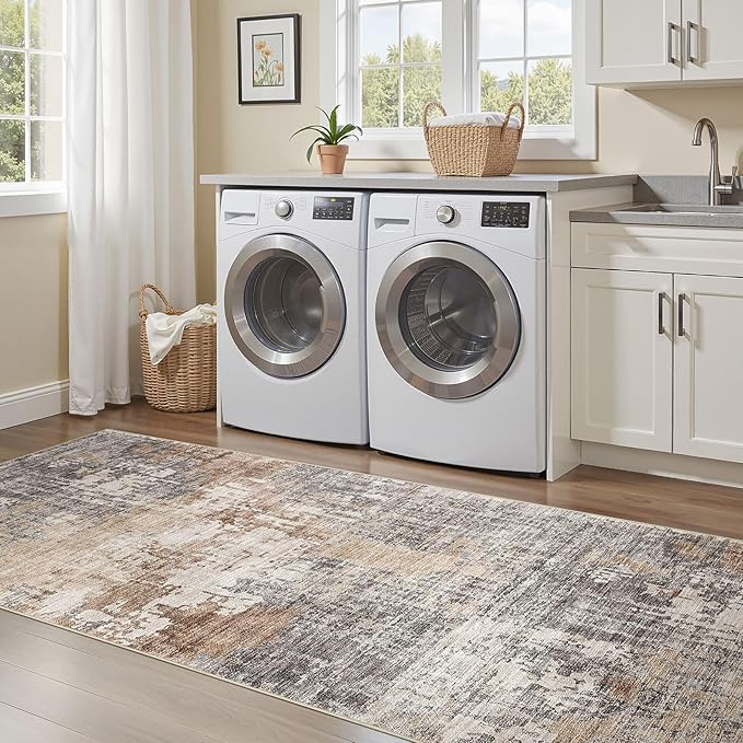 3x10 Washable Runner Rug for Hallway: Soft Neutral Modern Abstract Low Pile Rug Indoor - Carpet for Bedroom Dining Room Kitchen Entryway - Grey Brown