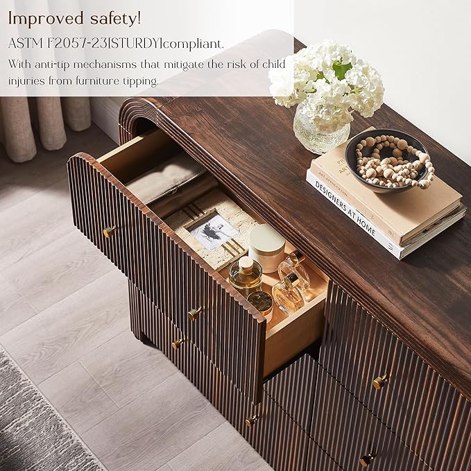 T4TREAM Fluted Dresser for Bedroom with 6 Drawers, 54" Wide Modern Chest of Drawers with Thickened Curved Profile Design, Wood Dressers TV Stand for Bedroom, Living Room, Hallway, Dark Walnut
