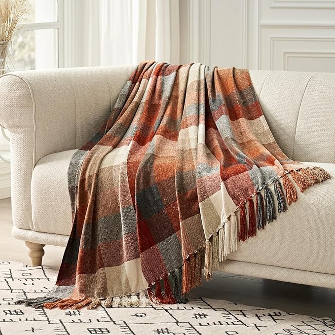 EVERGRACE Plaid Chenille Throw Blanket for Couch, Super Soft Cozy Decorative Fall Throw Blanket with Tassels for Bed Sofa Gift, Lightweight Harvest Plaid Throw Blanket for Autumn 60"x80"